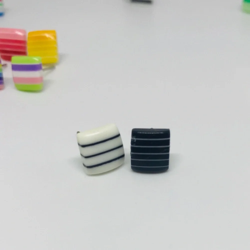 Black Mixed Multi Color Minimalist Repurposed Vintage Striped Bead Stud Earrin…